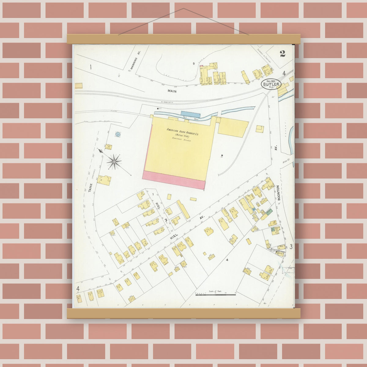 Old map wall art mockup — magnetic wood frame on brick wall — Sanborn Fire Insurance Map from Butler, Morris County, New Jersey (1901), Sheet #0002