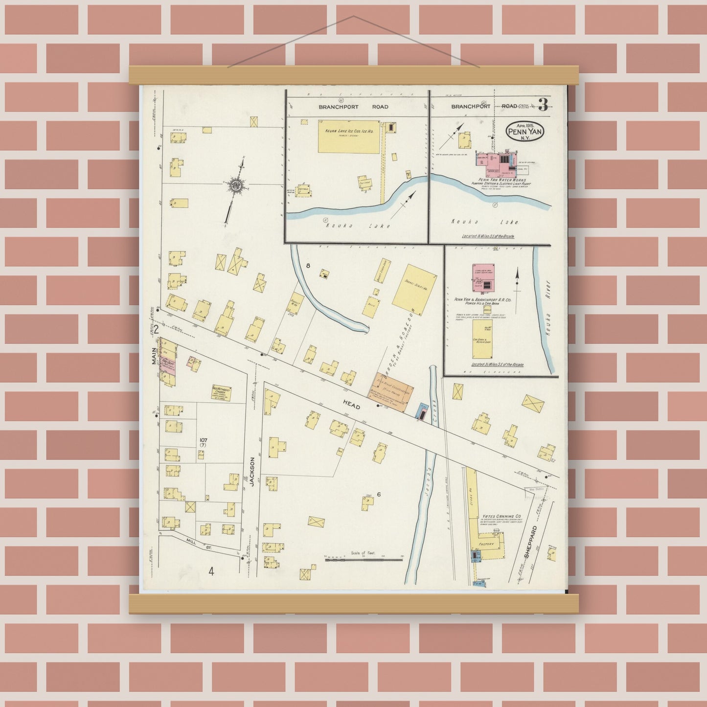 Old map wall art mockup — magnetic wood frame on brick wall — Sanborn Fire Insurance Map from Penn Yan, Yates County, New York (1915), Sheet #0002