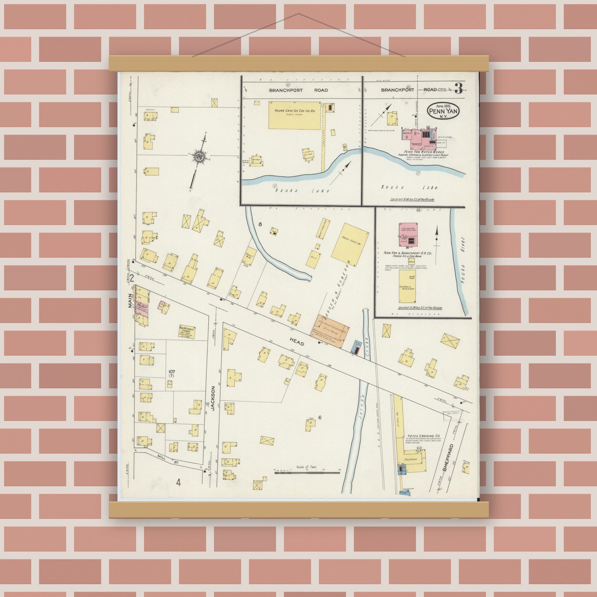 Old map wall art mockup — magnetic wood frame on brick wall — Sanborn Fire Insurance Map from Penn Yan, Yates County, New York (1915), Sheet #0002