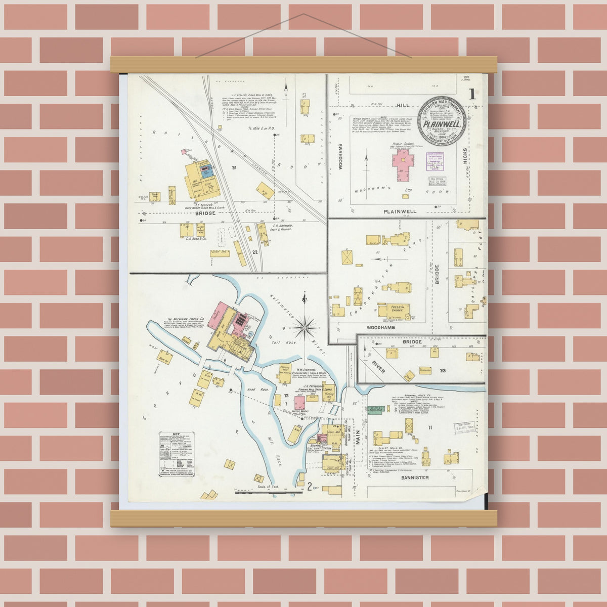 Old map wall art mockup — magnetic wood frame on brick wall — Sanborn Fire Insurance Map from Plainwell, Allegan County, Michigan (1904), Sheet #0001