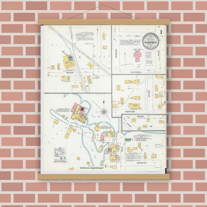 Old map wall art mockup — magnetic wood frame on brick wall — Sanborn Fire Insurance Map from Plainwell, Allegan County, Michigan (1904), Sheet #0001