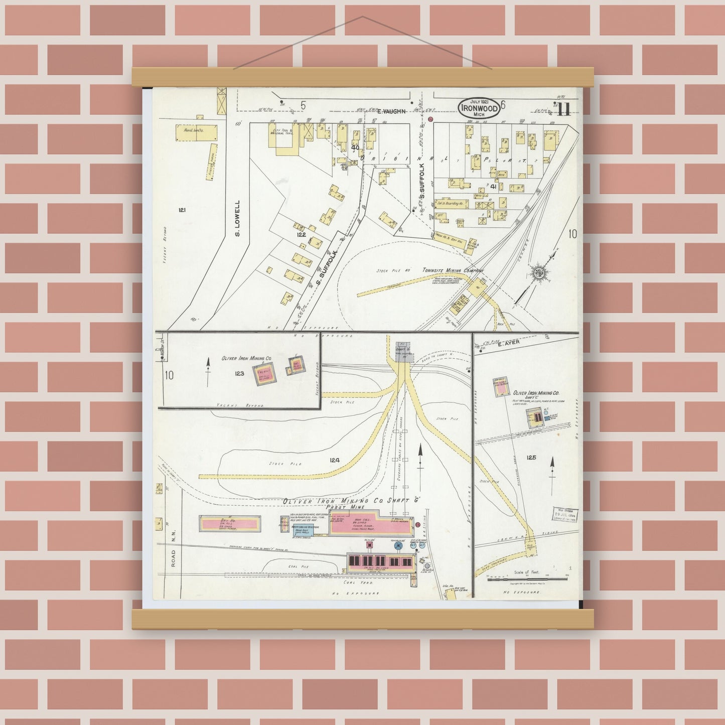 Old map wall art mockup — magnetic wood frame on brick wall — Sanborn Fire Insurance Map from Ironwood, Gogebic County, Michigan (1921), Sheet #0011