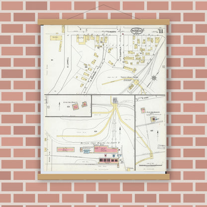 Old map wall art mockup — magnetic wood frame on brick wall — Sanborn Fire Insurance Map from Ironwood, Gogebic County, Michigan (1921), Sheet #0011