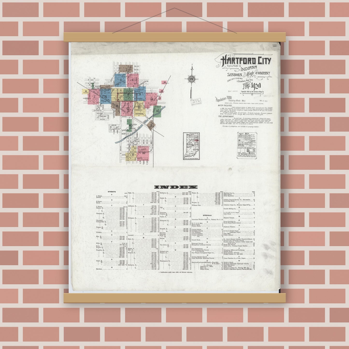 Old map wall art mockup — magnetic wood frame on brick wall — Sanborn Fire Insurance Map from Hartford City, Blackford County, Indiana (1920) - Complete Map Set