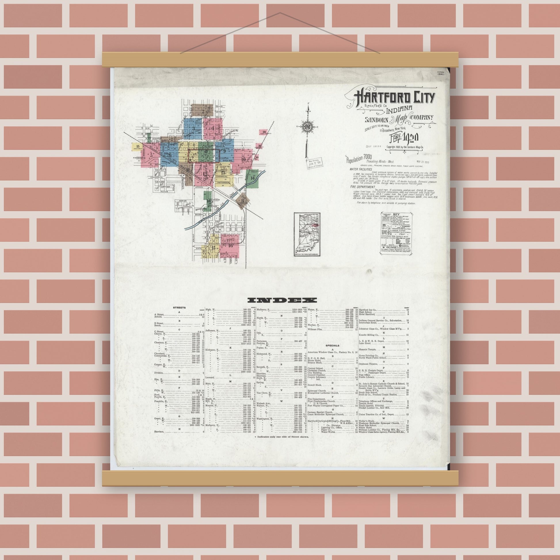 Old map wall art mockup — magnetic wood frame on brick wall — Sanborn Fire Insurance Map from Hartford City, Blackford County, Indiana (1920) - Complete Map Set