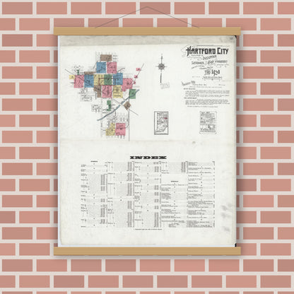 Old map wall art mockup — magnetic wood frame on brick wall — Sanborn Fire Insurance Map from Hartford City, Blackford County, Indiana (1920) - Complete Map Set