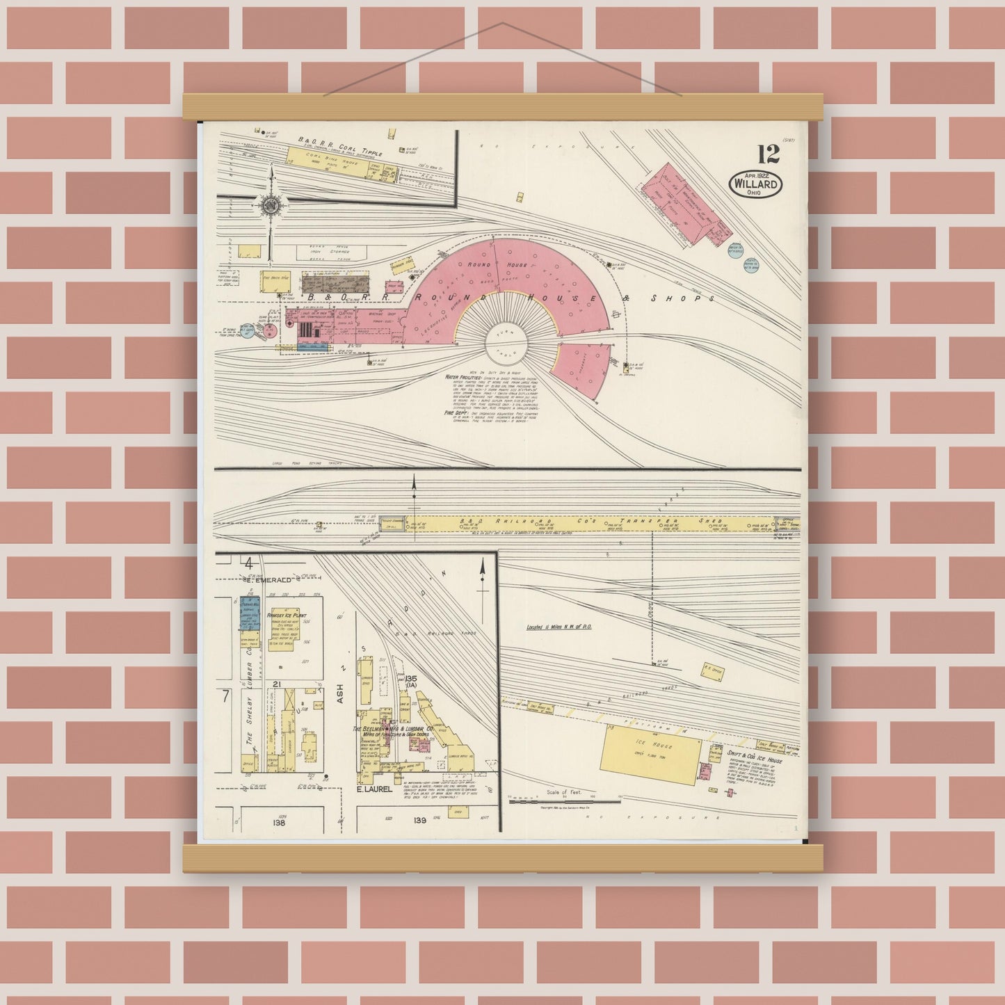 Old map wall art mockup — magnetic wood frame on brick wall — Sanborn Fire Insurance Map from Willard, Huron County, Ohio (1922), Sheet #0012