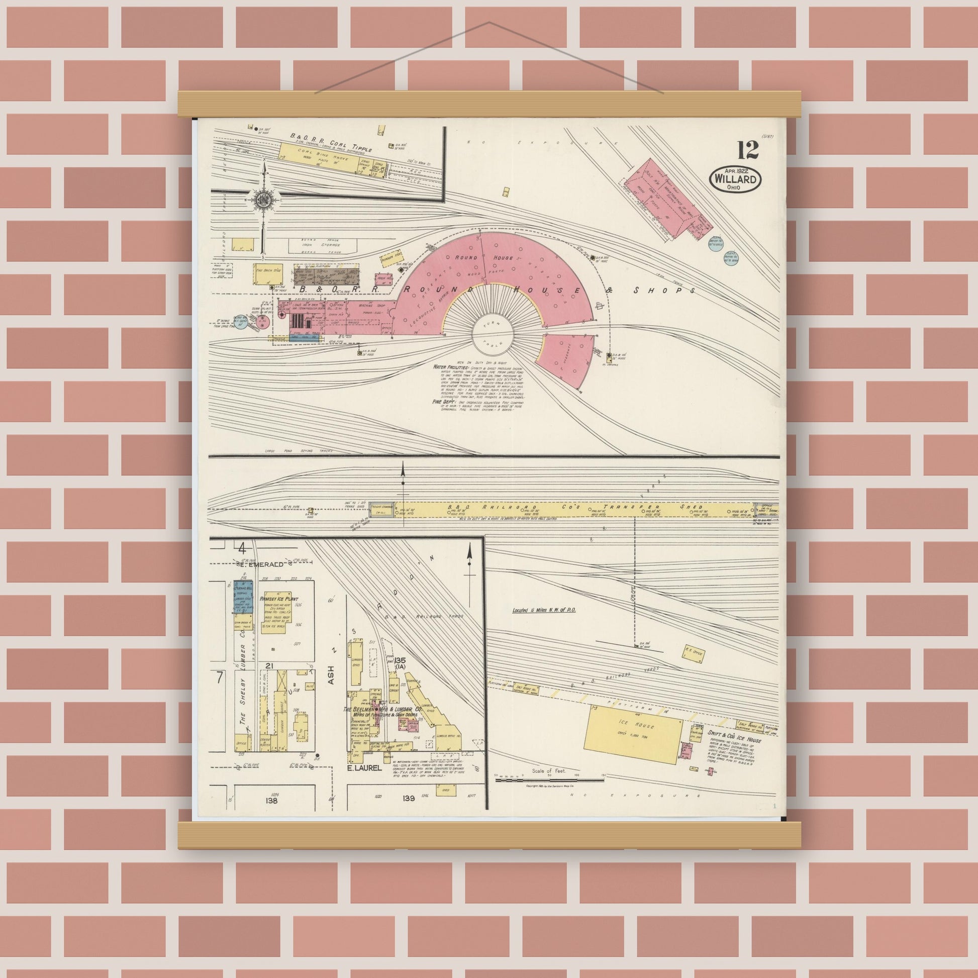 Old map wall art mockup — magnetic wood frame on brick wall — Sanborn Fire Insurance Map from Willard, Huron County, Ohio (1922), Sheet #0012