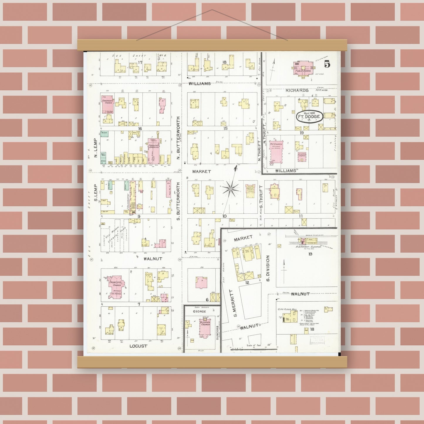 Old map wall art mockup — magnetic wood frame on brick wall — Sanborn Fire Insurance Map from Fort Dodge, Webster County, Iowa (1892), Sheet #0005