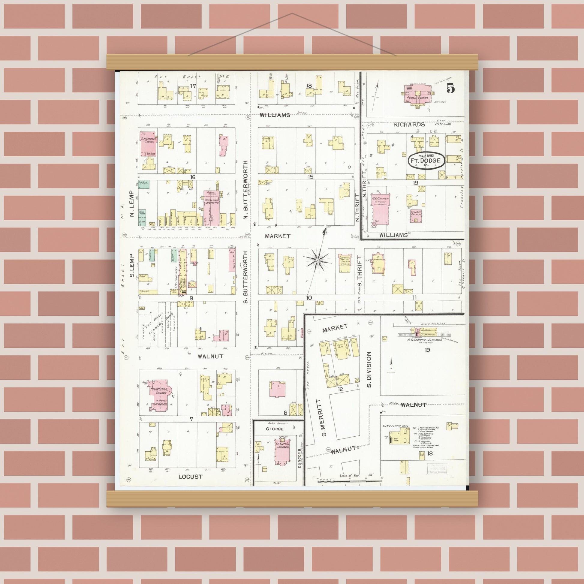 Old map wall art mockup — magnetic wood frame on brick wall — Sanborn Fire Insurance Map from Fort Dodge, Webster County, Iowa (1892), Sheet #0005