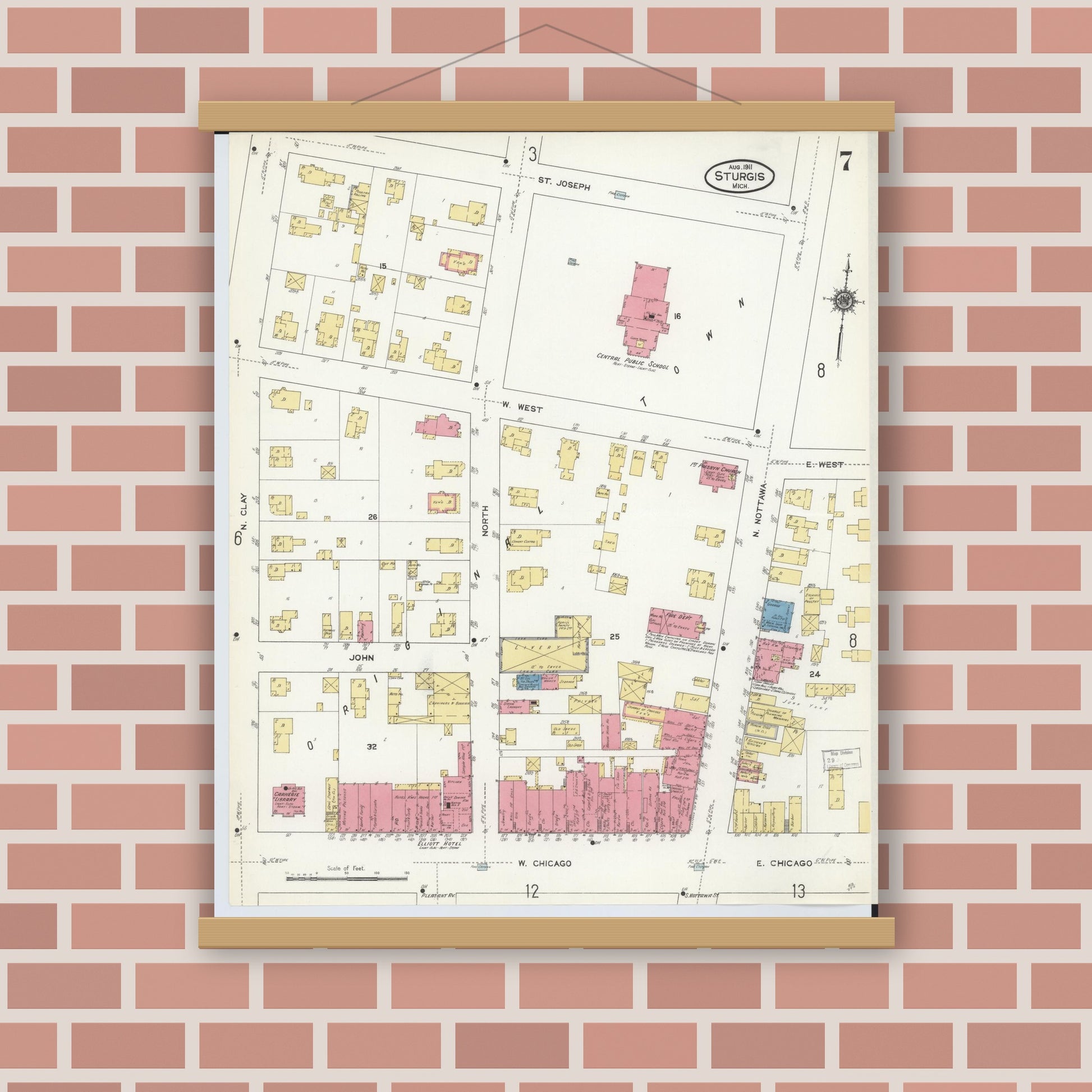 Old map wall art mockup — magnetic wood frame on brick wall — Sanborn Fire Insurance Map from Sturgis, Saint Joseph County, Michigan (1911), Sheet #0007