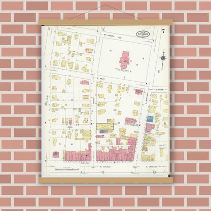 Old map wall art mockup — magnetic wood frame on brick wall — Sanborn Fire Insurance Map from Sturgis, Saint Joseph County, Michigan (1911), Sheet #0007