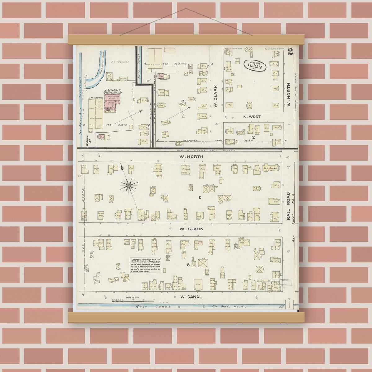Old map wall art mockup — magnetic wood frame on brick wall — Sanborn Fire Insurance Map from Ilion, Herkimer County, New York (1884), Sheet #0002