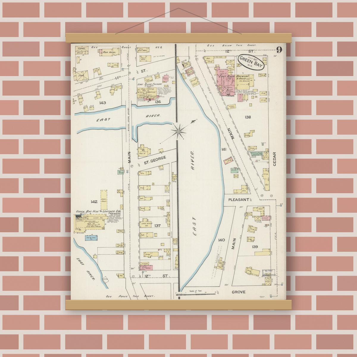 Old map wall art mockup — magnetic wood frame on brick wall — Sanborn Fire Insurance Map from Green Bay, Brown County, Wisconsin (1887), Sheet #0009