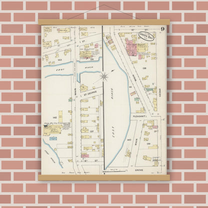 Old map wall art mockup — magnetic wood frame on brick wall — Sanborn Fire Insurance Map from Green Bay, Brown County, Wisconsin (1887), Sheet #0009