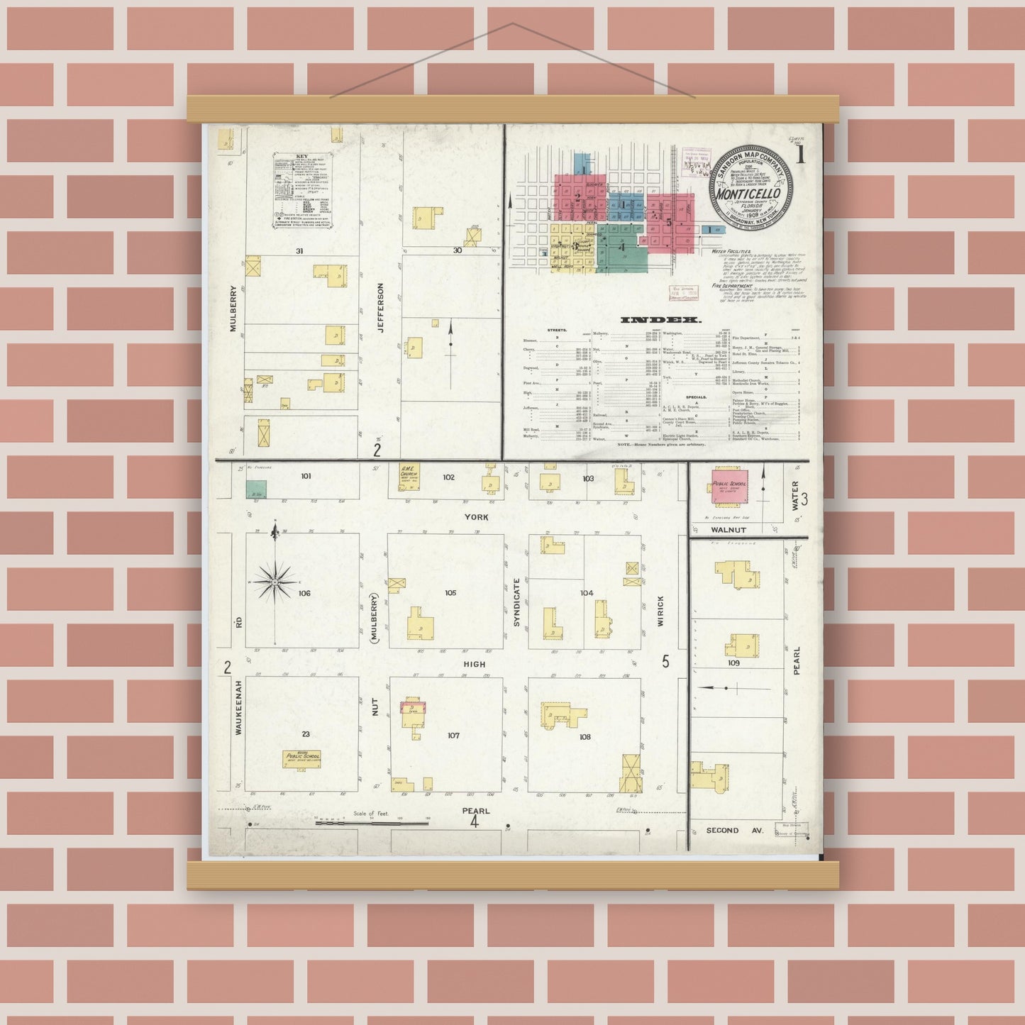 Old map wall art mockup — magnetic wood frame on brick wall — Sanborn Fire Insurance Map from Monticello, Jefferson County, Florida (1909) - Complete Map Set