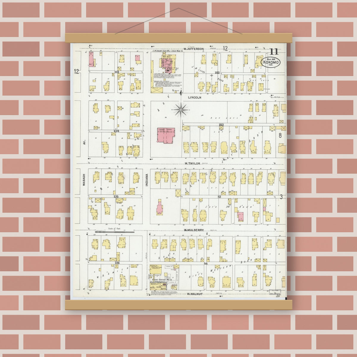 Old map wall art mockup — magnetic wood frame on brick wall — Sanborn Fire Insurance Map from Kokomo, Howard County, Indiana (1902), Sheet #0011