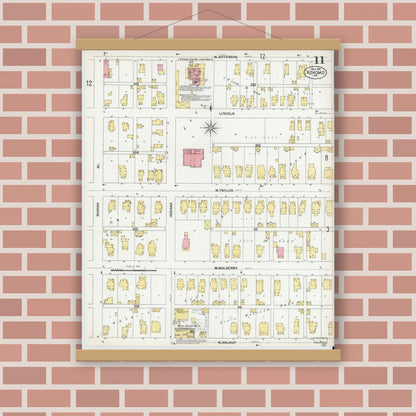 Old map wall art mockup — magnetic wood frame on brick wall — Sanborn Fire Insurance Map from Kokomo, Howard County, Indiana (1902), Sheet #0011