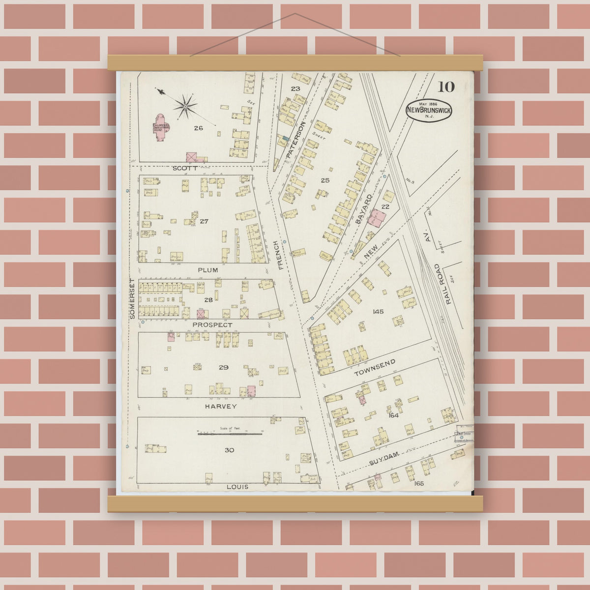 Old map wall art mockup — magnetic wood frame on brick wall — Sanborn Fire Insurance Map from New Brunswick, Middlesex County, New Jersey (1886), Sheet #0010