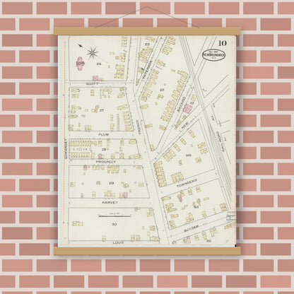 Old map wall art mockup — magnetic wood frame on brick wall — Sanborn Fire Insurance Map from New Brunswick, Middlesex County, New Jersey (1886), Sheet #0010