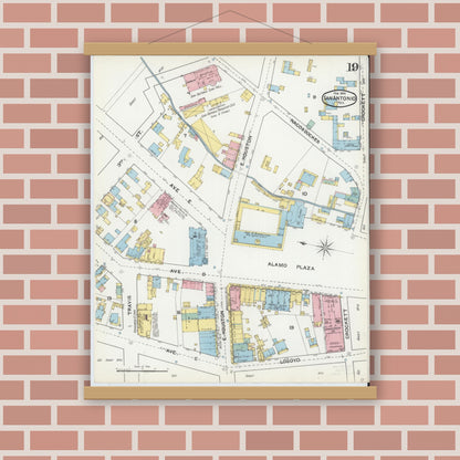 Old map wall art mockup — magnetic wood frame on brick wall — Sanborn Fire Insurance Map from San Antonio, Bexar County, Texas (1892), Sheet #0019