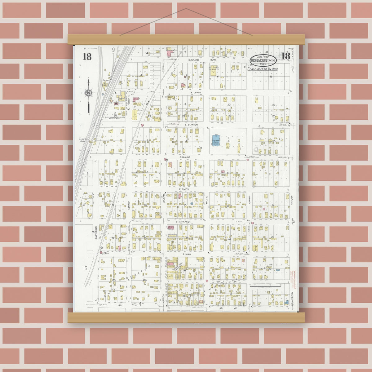 Old map wall art mockup — magnetic wood frame on brick wall — Sanborn Fire Insurance Map from Iron Mountain, Dickinson County, Michigan (1930), Sheet #0018