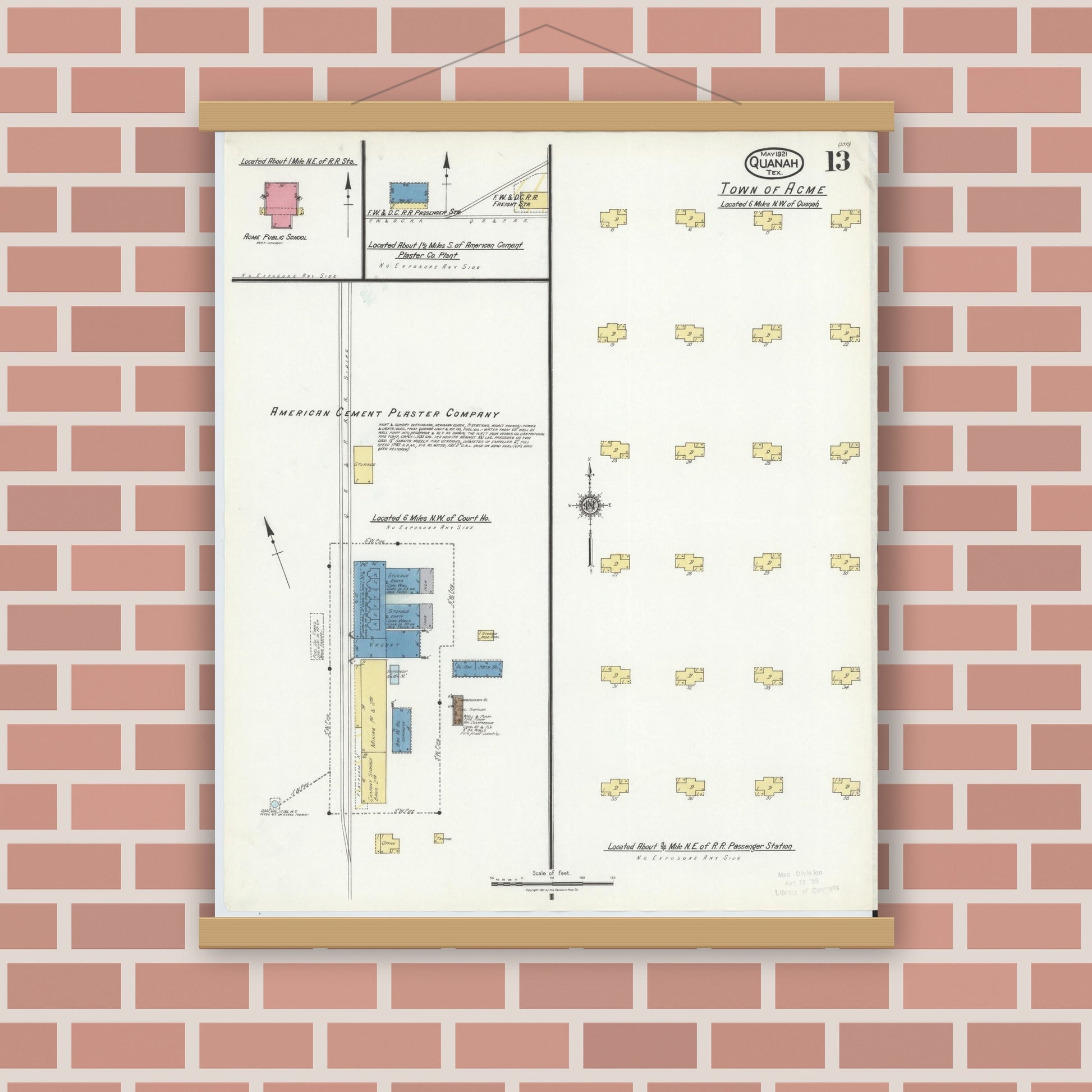 Old map wall art mockup — magnetic wood frame on brick wall — Sanborn Fire Insurance Map from Quanah, Hardeman County, Texas (1921), Sheet #0013