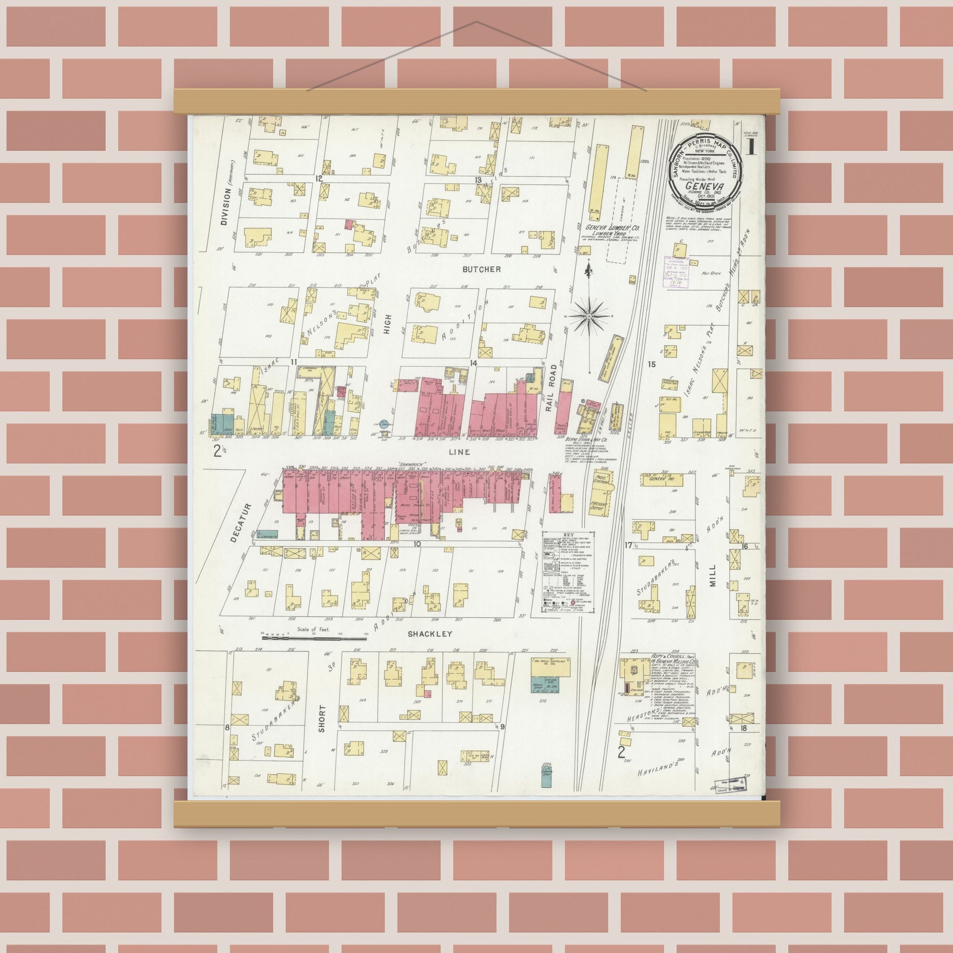 Old map wall art mockup — magnetic wood frame on brick wall — Sanborn Fire Insurance Map from Geneva, Adams County, Indiana (1901), Sheet #0001
