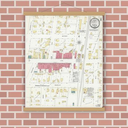 Old map wall art mockup — magnetic wood frame on brick wall — Sanborn Fire Insurance Map from Geneva, Adams County, Indiana (1901), Sheet #0001