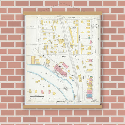 Old map wall art mockup — magnetic wood frame on brick wall — Sanborn Fire Insurance Map from Elyria, Lorain County, Ohio (1904), Sheet #0003