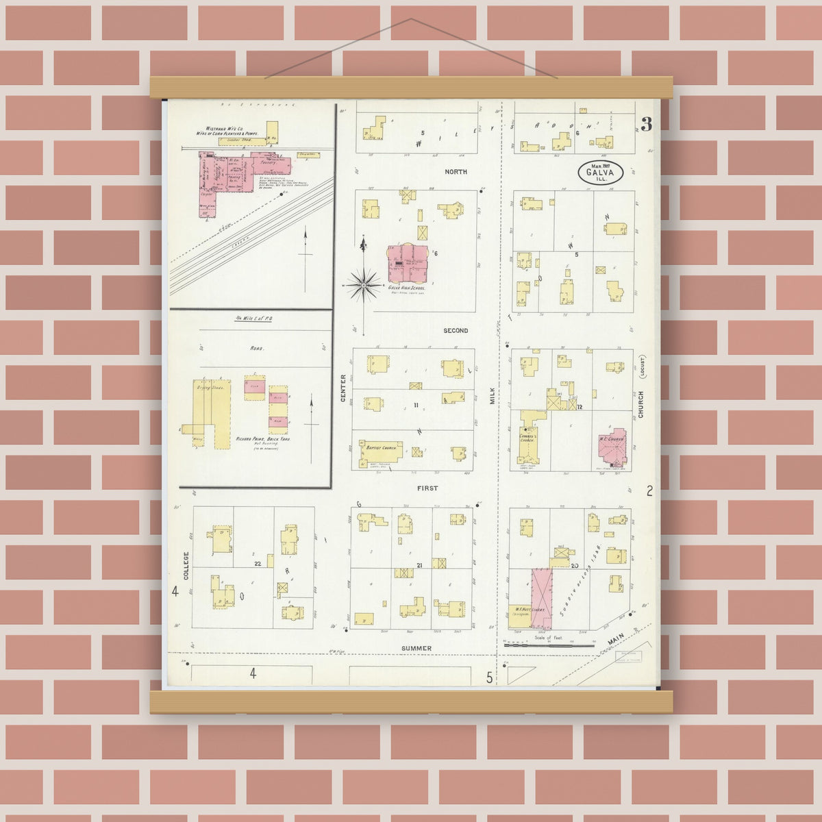 Old map wall art mockup — magnetic wood frame on brick wall — Sanborn Fire Insurance Map from Galva, Henry County, Illinois (1907), Sheet #0003