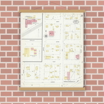 Old map wall art mockup — magnetic wood frame on brick wall — Sanborn Fire Insurance Map from Galva, Henry County, Illinois (1907), Sheet #0003