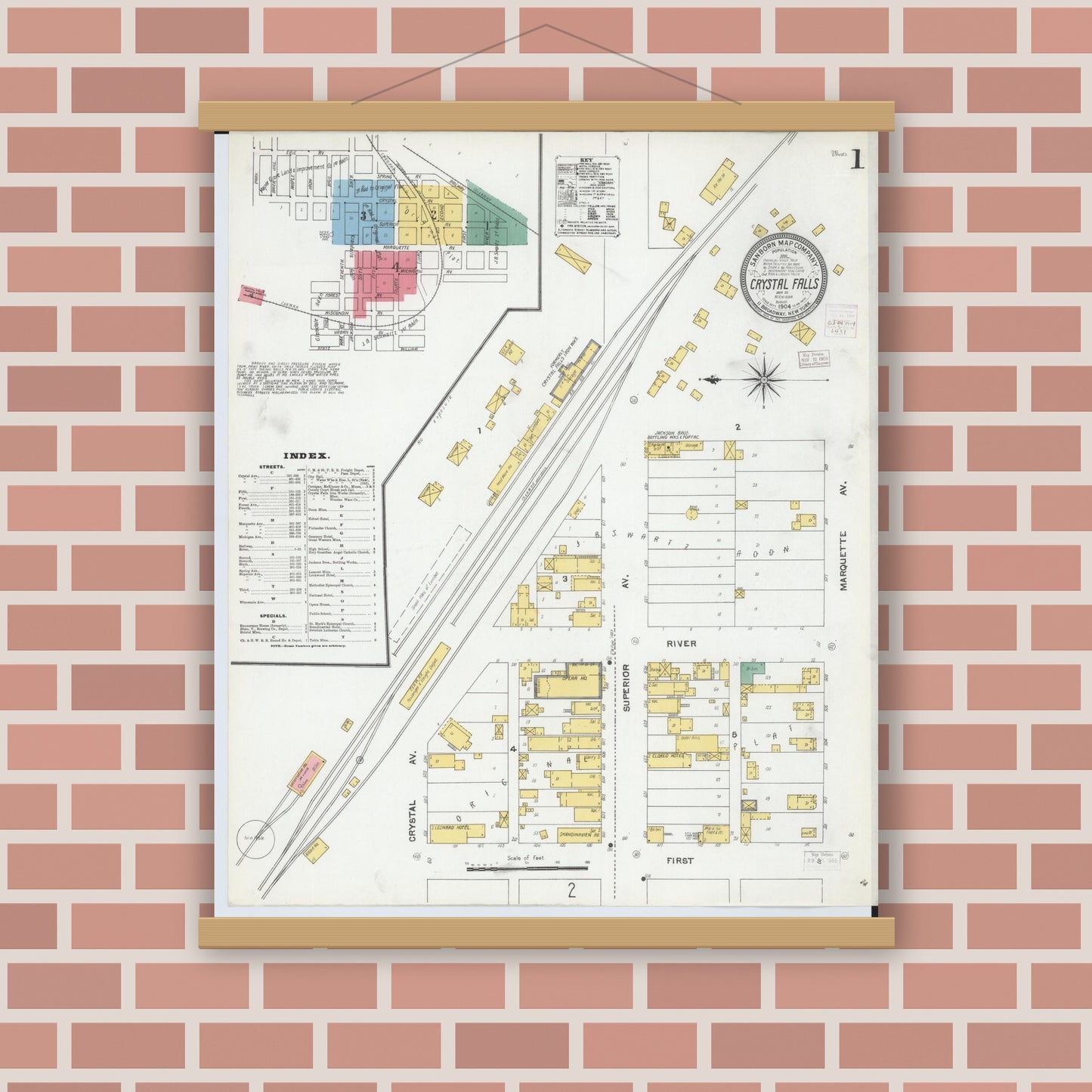 Old map wall art mockup — magnetic wood frame on brick wall — Sanborn Fire Insurance Map from Crystal Falls, Iron County, Michigan (1904) - Complete Map Set