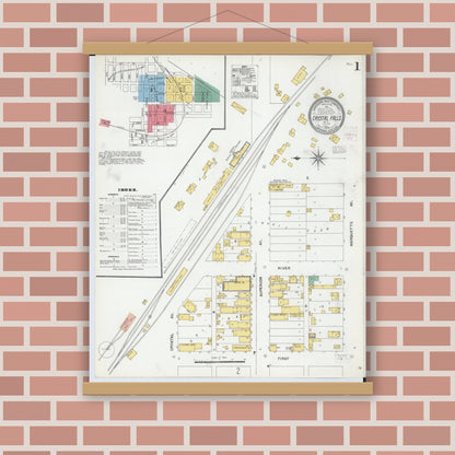 Old map wall art mockup — magnetic wood frame on brick wall — Sanborn Fire Insurance Map from Crystal Falls, Iron County, Michigan (1904) - Complete Map Set