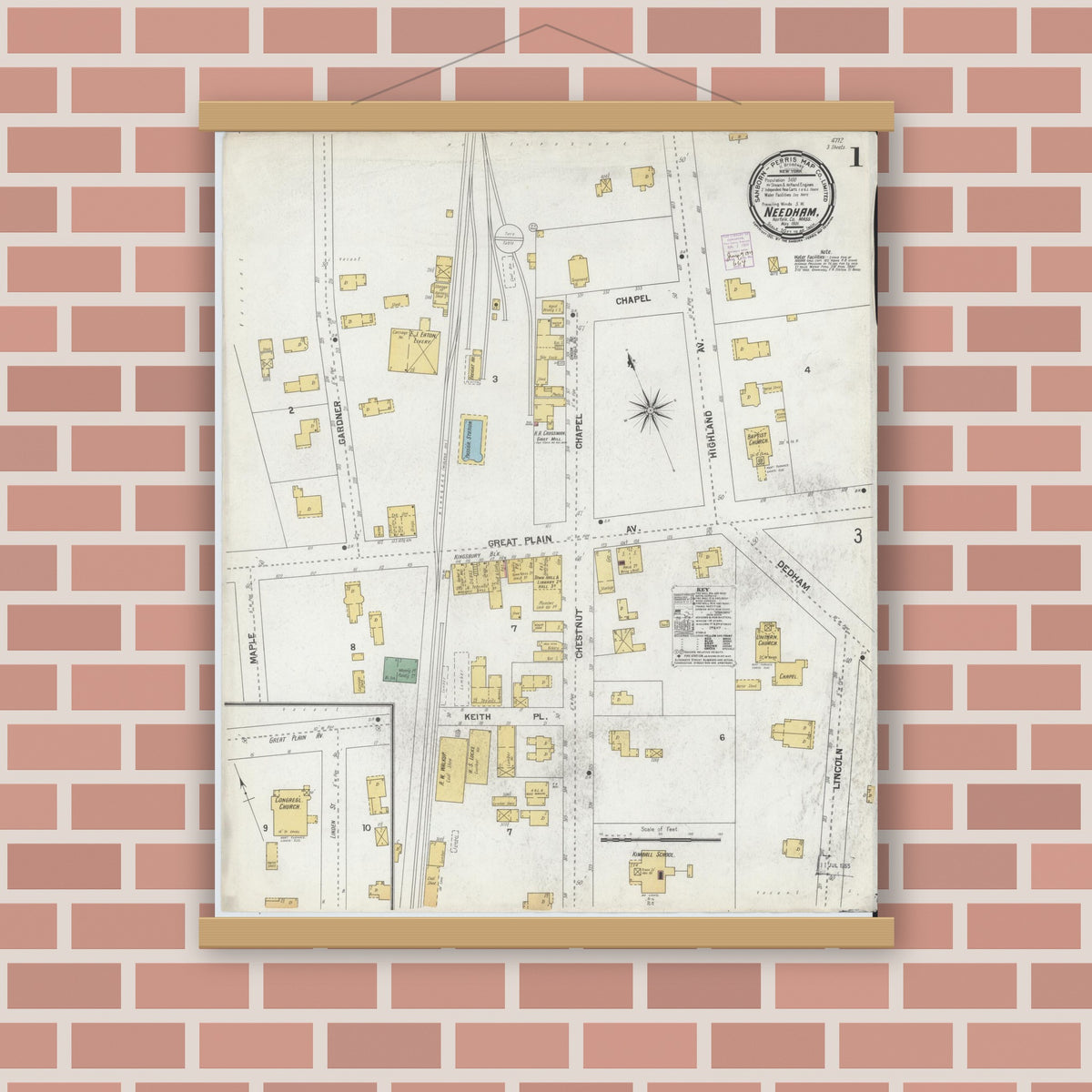Old map wall art mockup — magnetic wood frame on brick wall — Sanborn Fire Insurance Map from Needham, Norfolk County, Massachusetts (1901), Sheet #0001