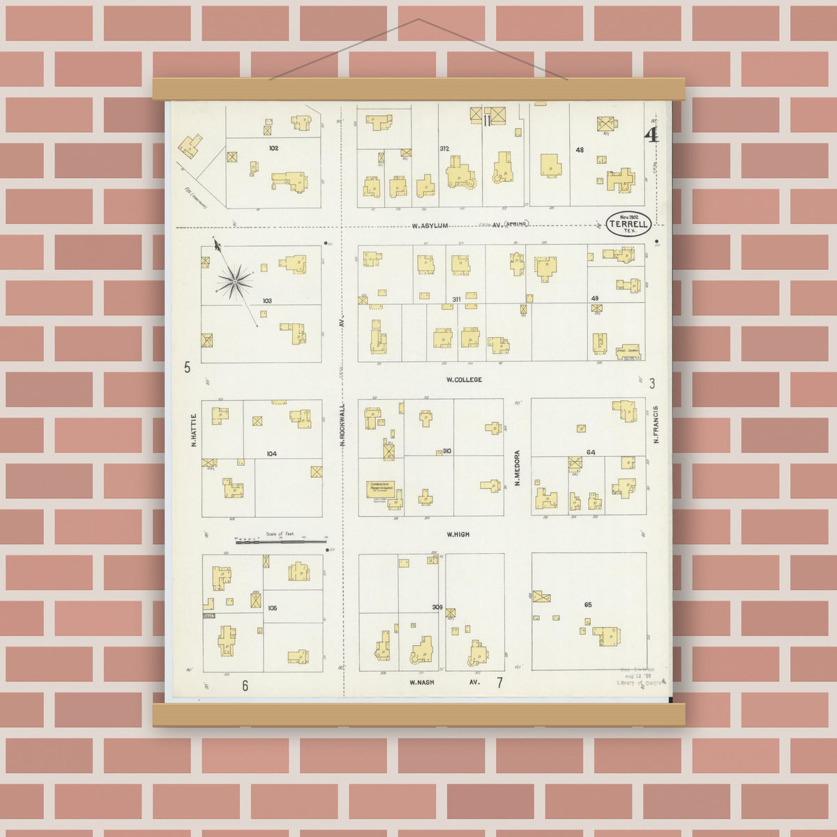 Old map wall art mockup — magnetic wood frame on brick wall — Sanborn Fire Insurance Map from Terrell, Kaufman County, Texas (1902), Sheet #0004