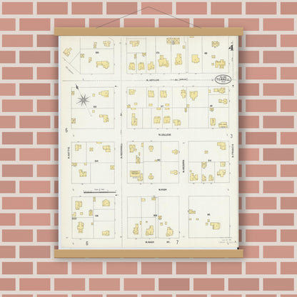 Old map wall art mockup — magnetic wood frame on brick wall — Sanborn Fire Insurance Map from Terrell, Kaufman County, Texas (1902), Sheet #0004