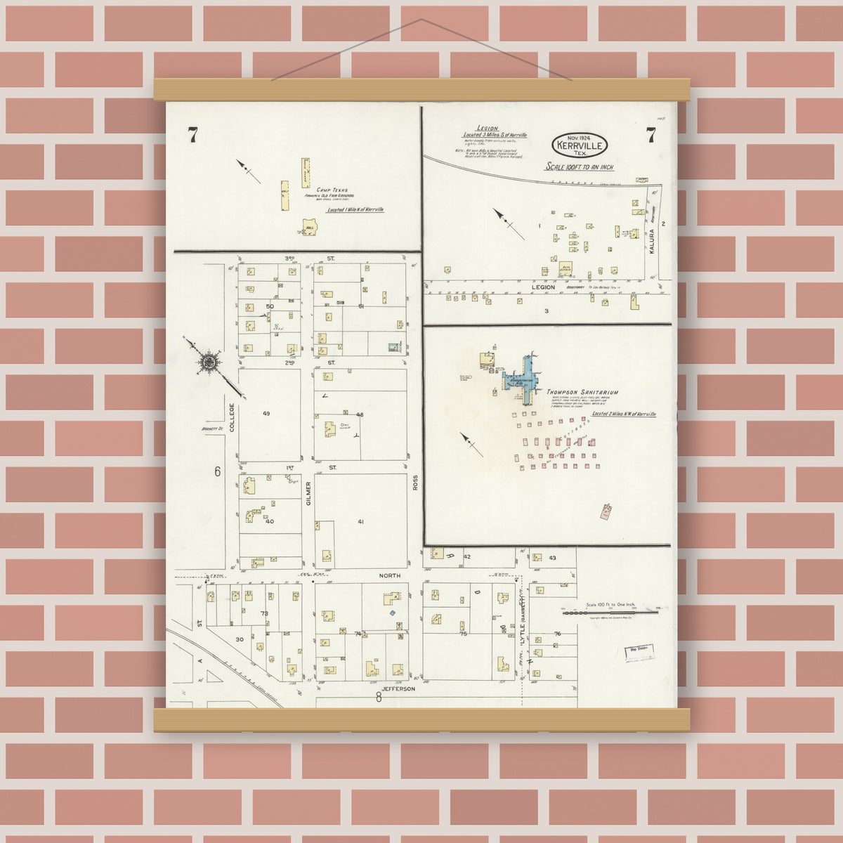 Old map wall art mockup — magnetic wood frame on brick wall — Sanborn Fire Insurance Map from Kerrville, Kerr County, Texas (1924), Sheet #0007