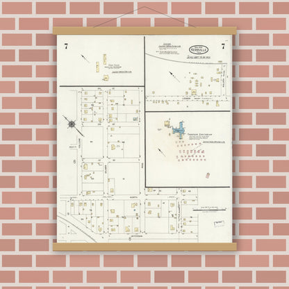 Old map wall art mockup — magnetic wood frame on brick wall — Sanborn Fire Insurance Map from Kerrville, Kerr County, Texas (1924), Sheet #0007