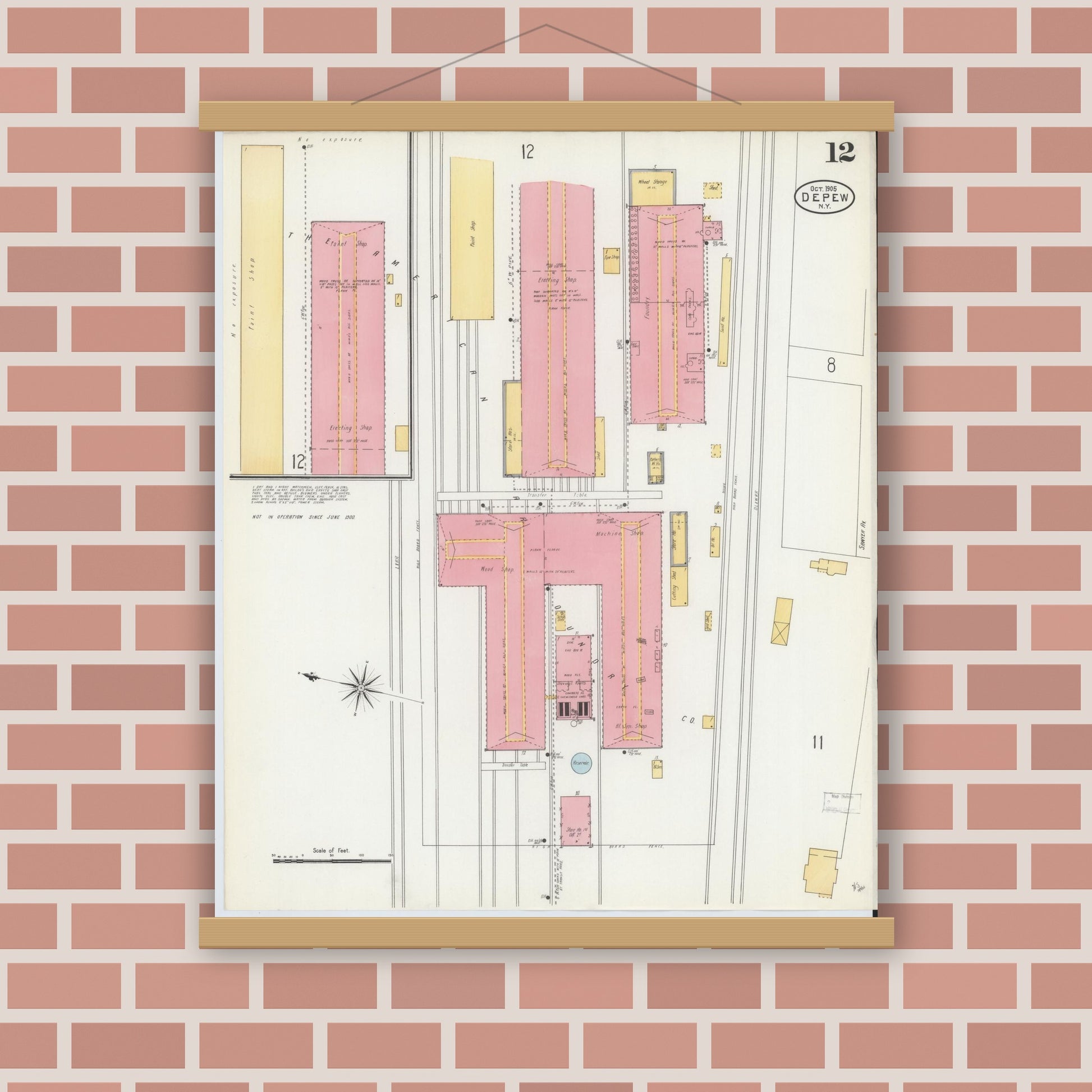 Old map wall art mockup — magnetic wood frame on brick wall — Sanborn Fire Insurance Map from Depew, Erie County, New York (1905), Sheet #0012