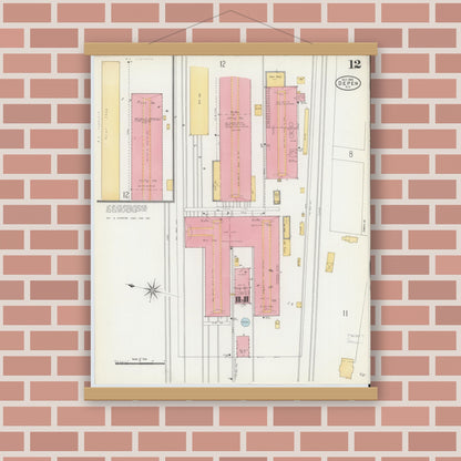 Old map wall art mockup — magnetic wood frame on brick wall — Sanborn Fire Insurance Map from Depew, Erie County, New York (1905), Sheet #0012