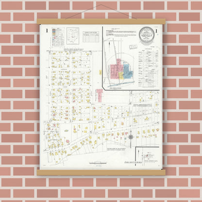 Old map wall art mockup — magnetic wood frame on brick wall — Sanborn Fire Insurance Map from Ashville, Pickaway County, Ohio (1940), Sheet #0001