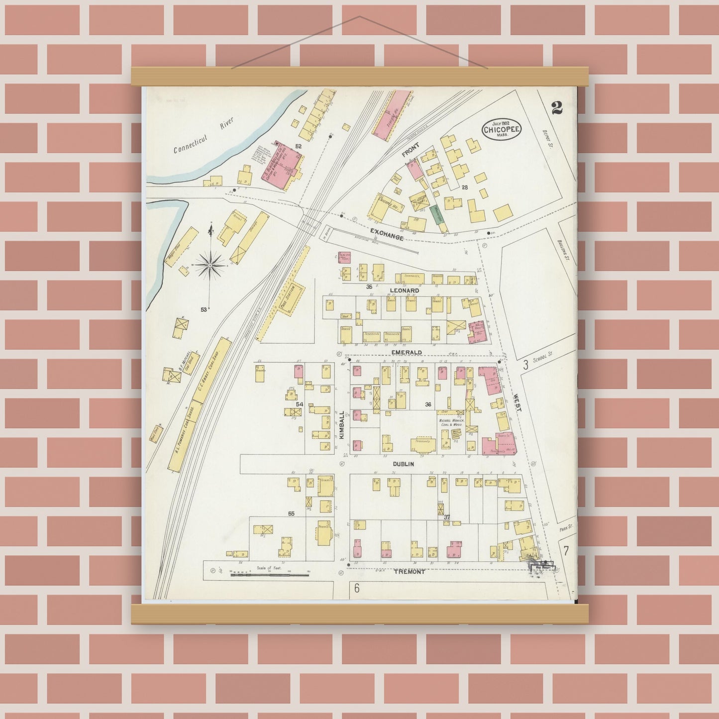 Old map wall art mockup — magnetic wood frame on brick wall — Sanborn Fire Insurance Map from Chicopee, Hampden County, Massachusetts (1902) - Complete Map Set