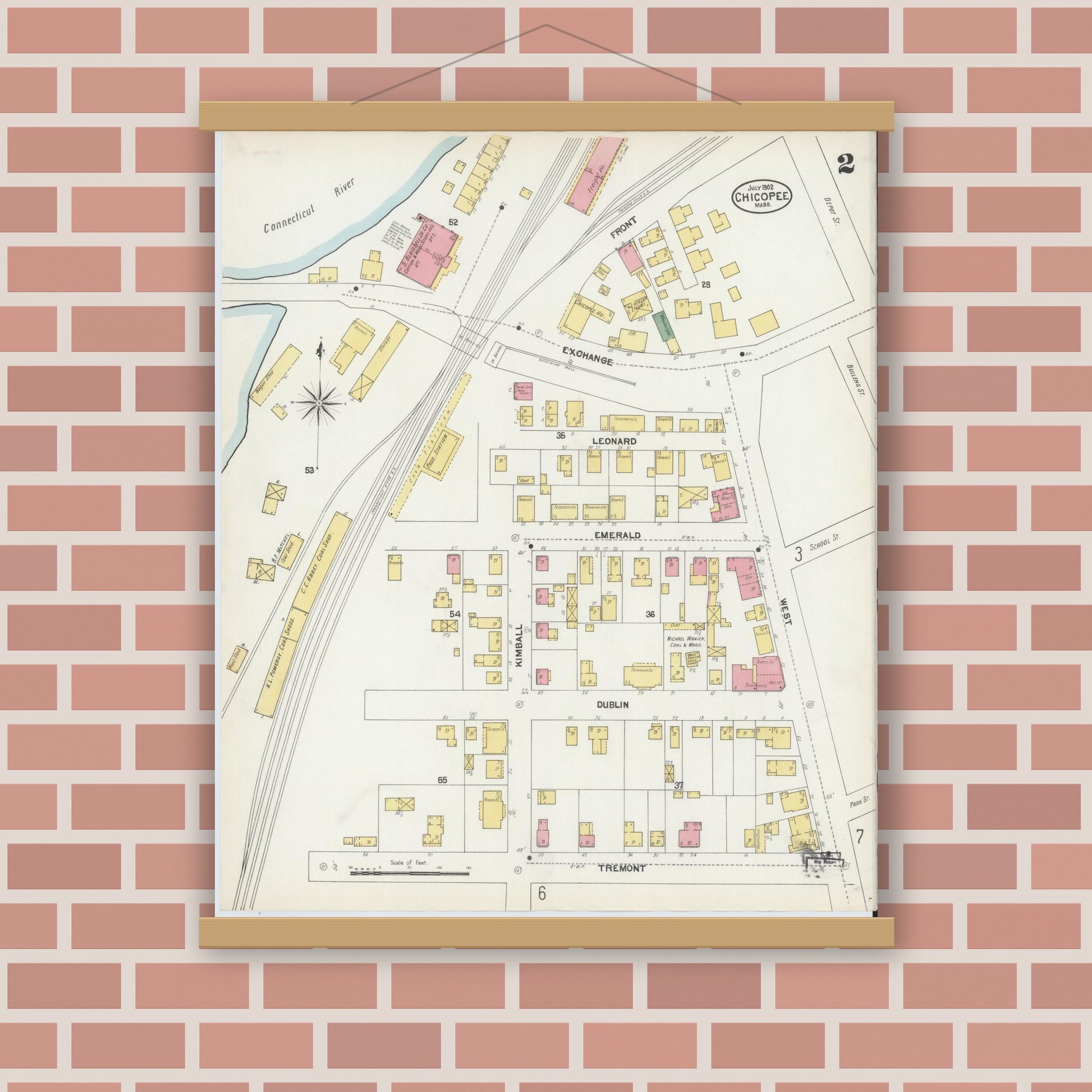 Old map wall art mockup — magnetic wood frame on brick wall — Sanborn Fire Insurance Map from Chicopee, Hampden County, Massachusetts (1902) - Complete Map Set