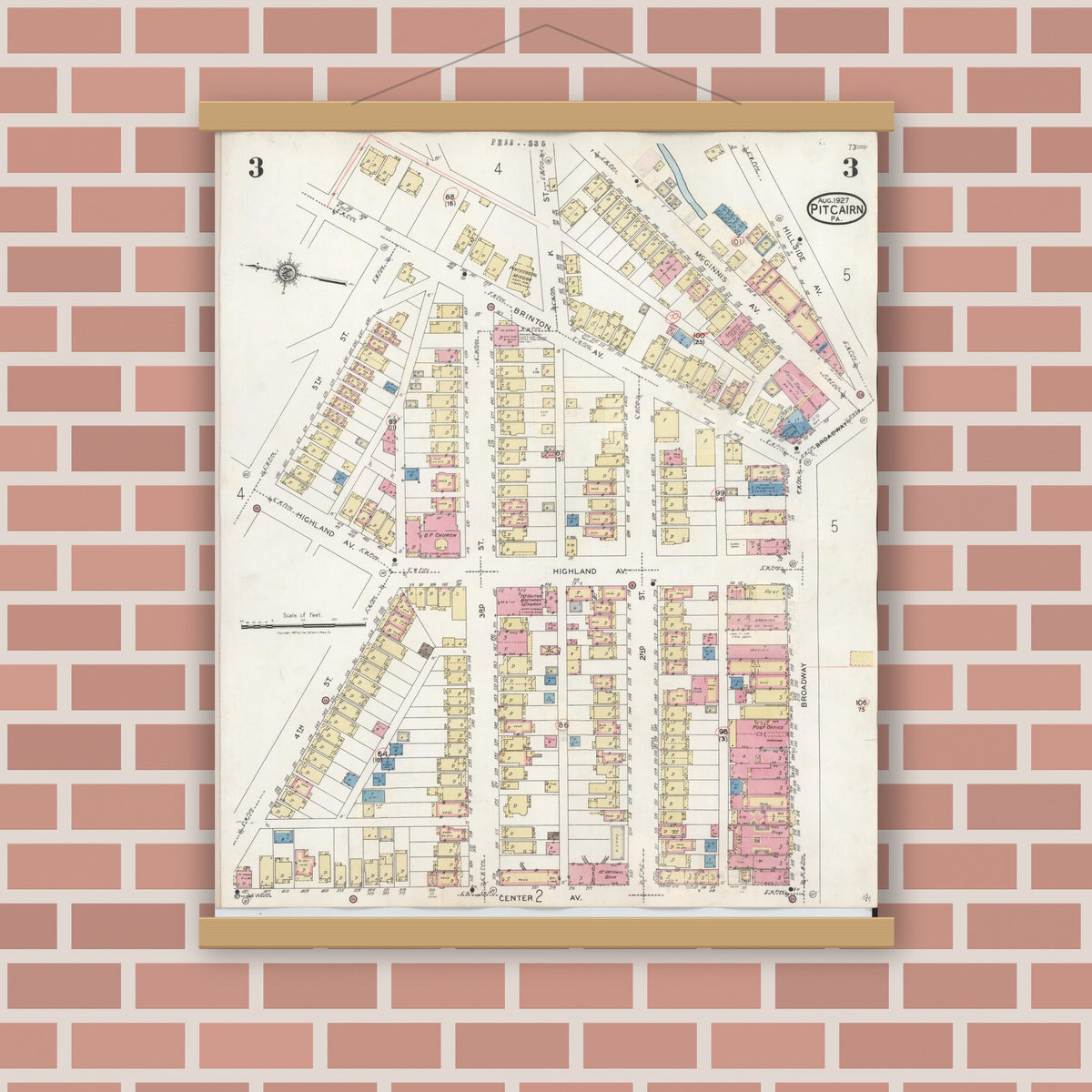 Old map wall art mockup — magnetic wood frame on brick wall — Sanborn Fire Insurance Map from Pitcairn, Allegheny County, Pennsylvania (1948), Sheet #0003