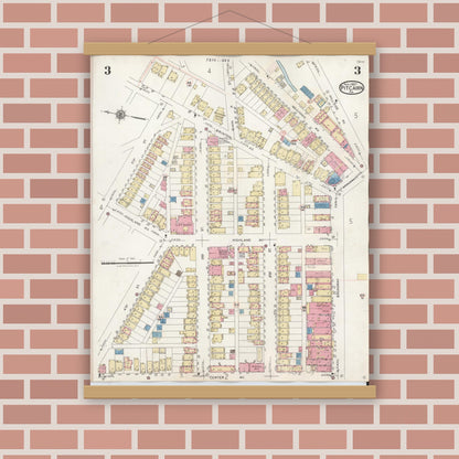 Old map wall art mockup — magnetic wood frame on brick wall — Sanborn Fire Insurance Map from Pitcairn, Allegheny County, Pennsylvania (1948), Sheet #0003