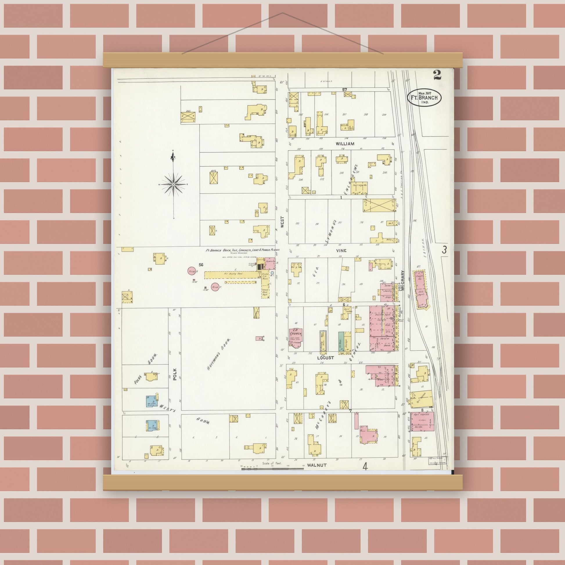 Old map wall art mockup — magnetic wood frame on brick wall — Sanborn Fire Insurance Map from Fort Branch, Gibson County, Indiana (1907), Sheet #0002