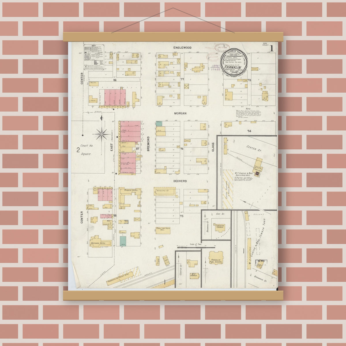 Old map wall art mockup — magnetic wood frame on brick wall — Sanborn Fire Insurance Map from Franklin, Robertson County, Texas (1899) - Complete Map Set