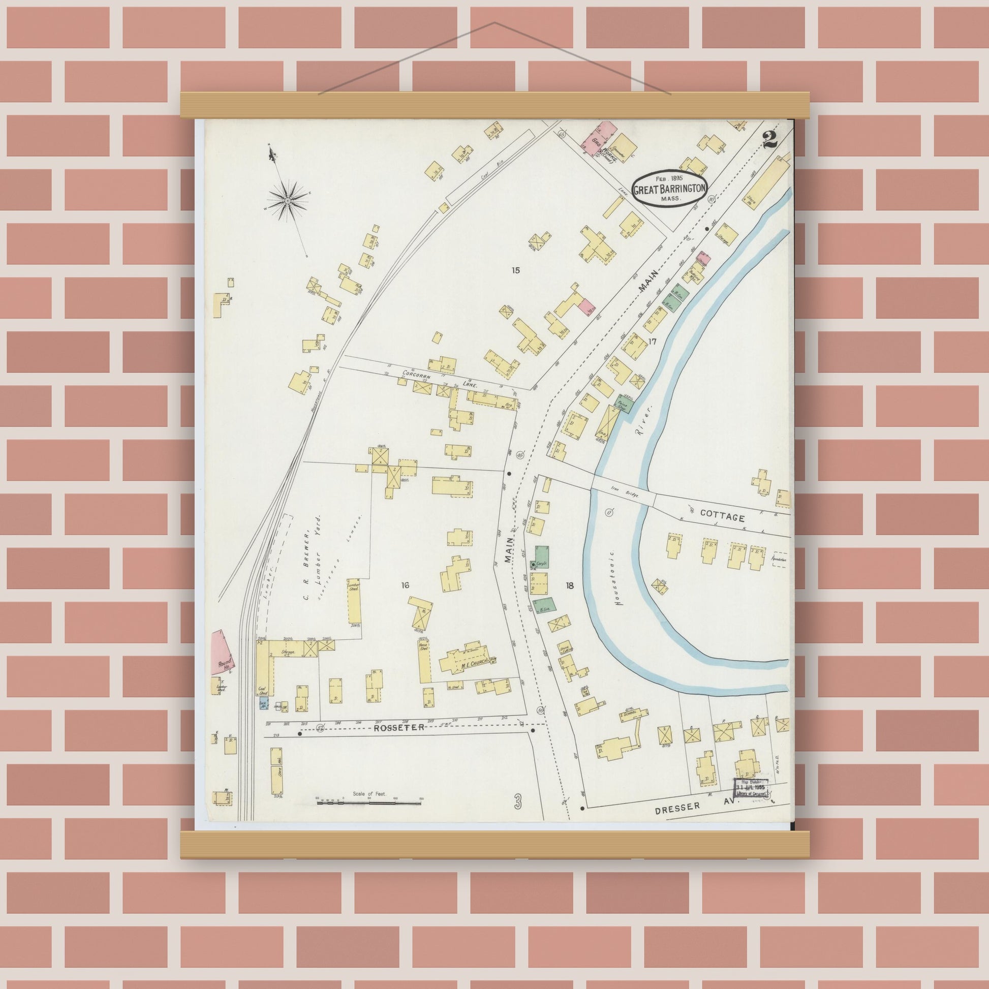 Old map wall art mockup — magnetic wood frame on brick wall — Sanborn Fire Insurance Map from Great Barrington, Berkshire County, Massachusetts (1895), Sheet #0002