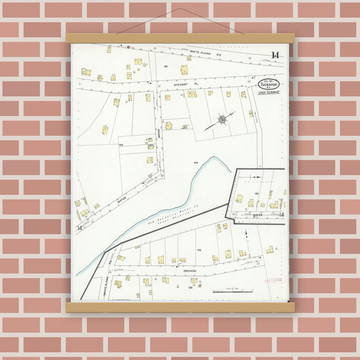 Old map wall art mockup — magnetic wood frame on brick wall — Sanborn Fire Insurance Map from Tuckahoe, Westchester County, New York (1911), Sheet #0014